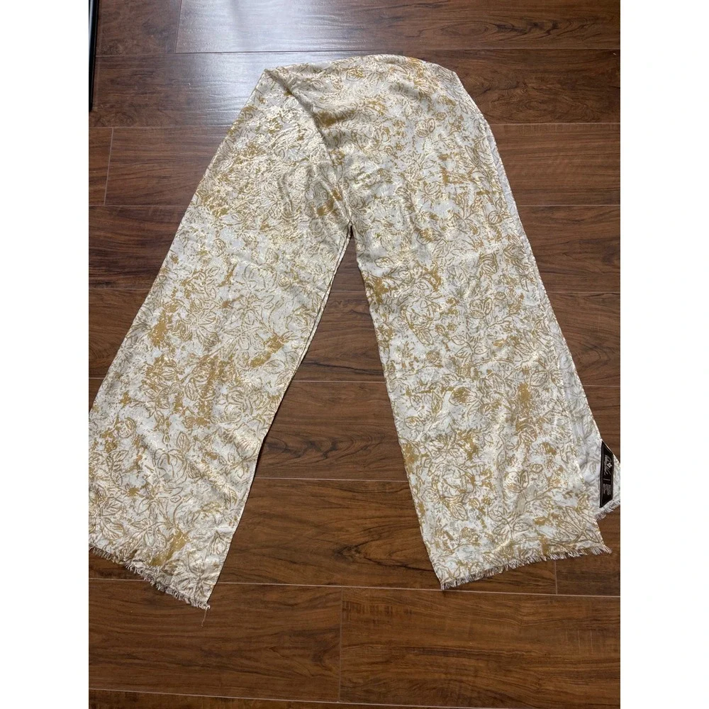 Patricia Nash Metallic Gold Floral Scarf Cream Viscose Frayed Edge Wrap light